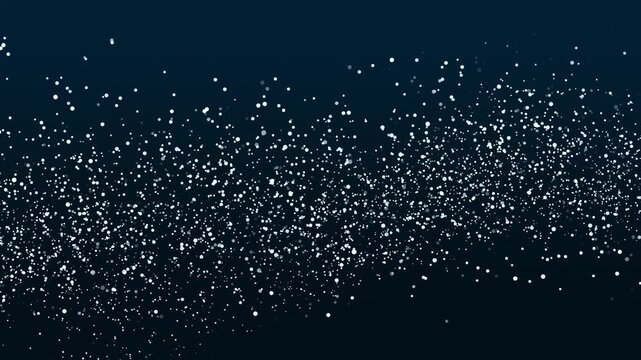 White dots are flowing in the air on the dark blue background. Loop animation. Flying glitter with fluid, wave simulation. Abstract design with bokeh, defocused, glow effect.