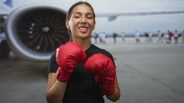 Woman in airport tarmac with red boxing gloves raised in guard position near jet engine, facing camera; determination grit.