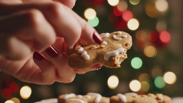 A hand picks up a gingerbread cookie decorated with icing as festive lights shine in the background during holiday time