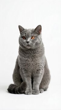 British Shorthair Grey Cat Sitting on White Background Isolated PSD