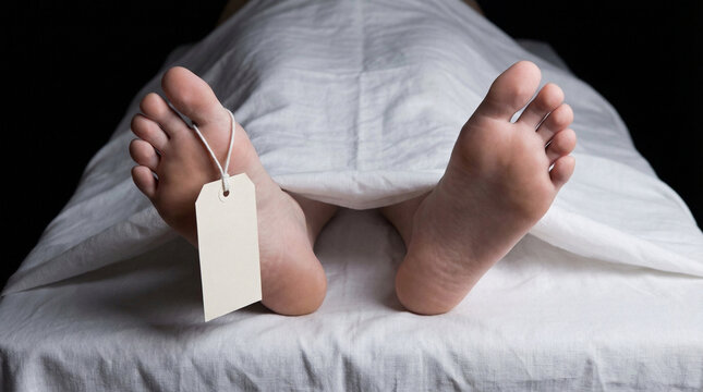 Dead body covered with a white sheet in a morgue. Close-up of a corpse's feet with a blank toe tag attached. Concept for death, forensics, and fatality.