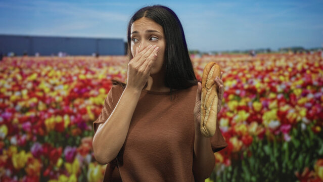 Woman holding baguette while pinching nose in studio tulip field with bright flowers and bread; disgust nausea.