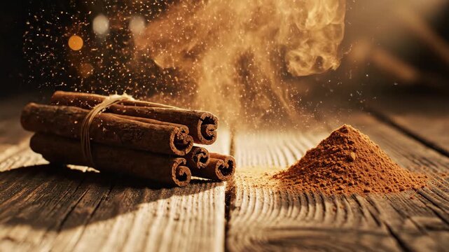 A hand prepares cinnamon sticks and turns them into powder. Bright light highlights the activity in the kitchen during morning hours