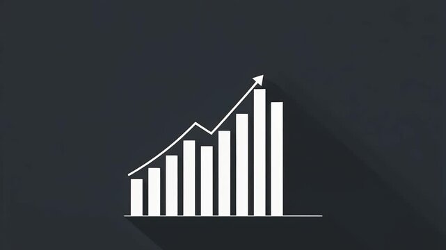 A rising bar chart graph with a white line and arrow on a dark background displays business data analysis.
