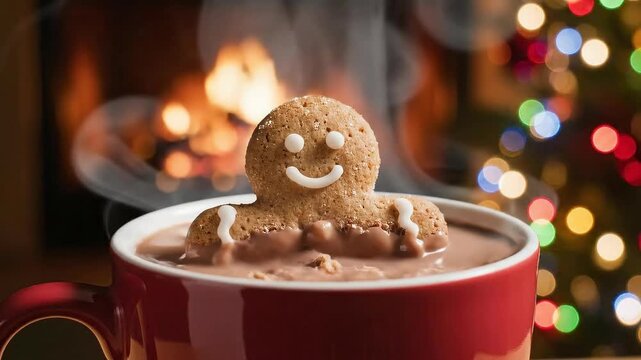 A gingerbread man sits on the edge of a red mug filled with hot chocolate while warm colors glow from the fireplace in winter