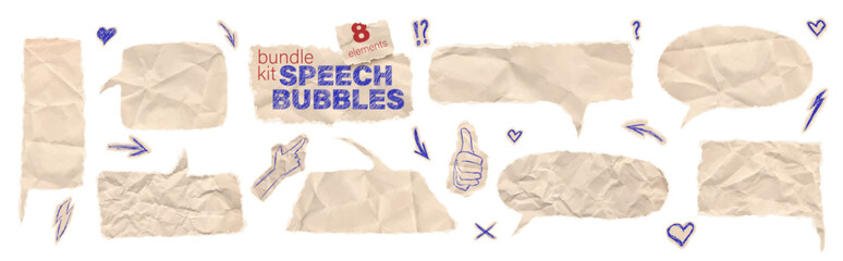 Speech bubble sticker dialogue box bundle kit. Set of beige comic sheet torn with scribble talking balloons and message label. Scrapbook paper piece idea crafts for collage with hands arrows and heart © A_Y_N