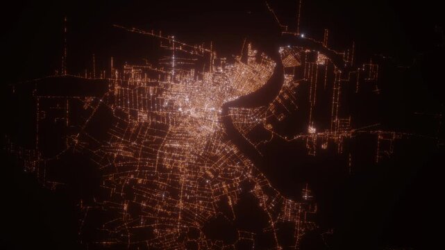 Paramaribo (Suriname) aerial view at night. Satellite view on modern city with street lights. Camera is flying above the city, moving forward