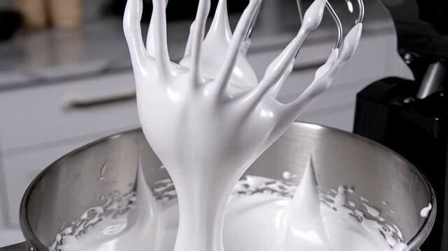 Egg whites are mixed to form peaks in a bowl, showing the process of preparing for baking desserts