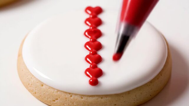 Watch this demonstration of decorating cookies using red icing in various patterns for enjoyable baking activities