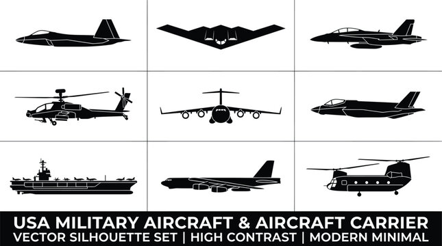 A comprehensive vector silhouette collection presenting key United States military aircraft and an imposing aircraft carrier, including the advanced F-22 Raptor, the stealthy B-2 Spirit bomber, versat