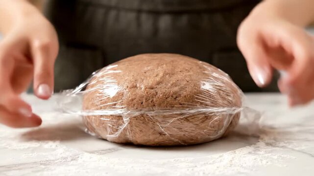 Hands wrap dough in plastic to keep it fresh and ready for baking later in the day. This simple step helps with meal prep