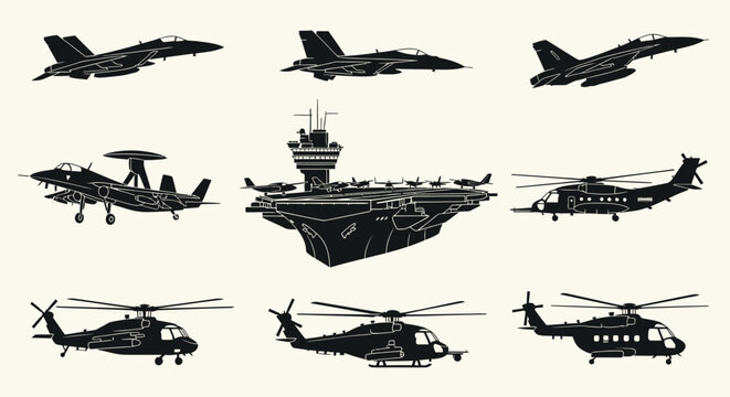 Black and White Graphic Illustrations of Carrier-Based Warplanes and Transport Helicopters