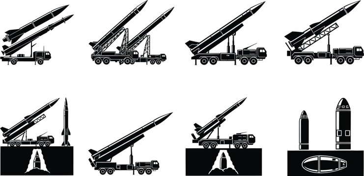 Tactical Ballistic Rockets, SAM Systems, and Military Defense Vehicle Vector Silhouettes