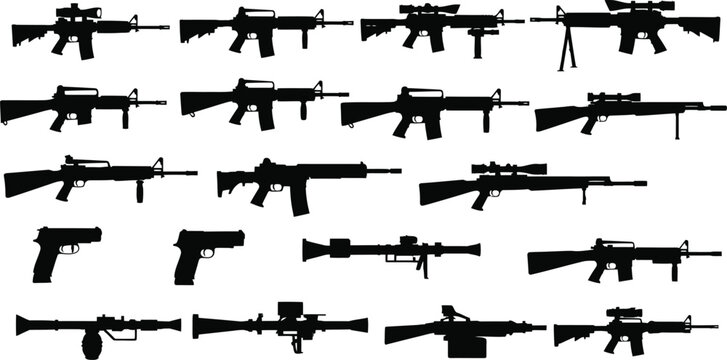 Black and White Graphic Illustrations of Rifles, Handguns, and RPGs for Game Design and Infographics