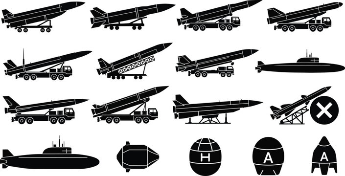 Military Aircraft, Submarine, Missile and Weapon Silhouette Icons Set Black Vector Illustration