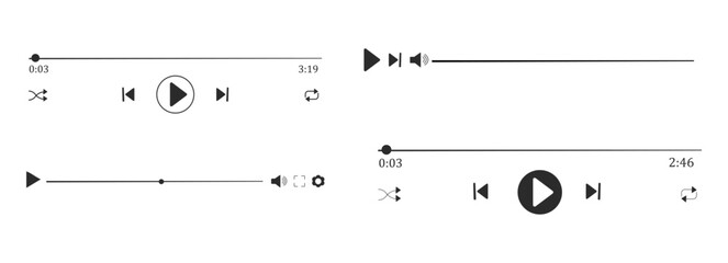 Video music player display frame, line doodle bar with buttons, progress line, sound. Hand drawn border, media window. Panel icon, © Alyona