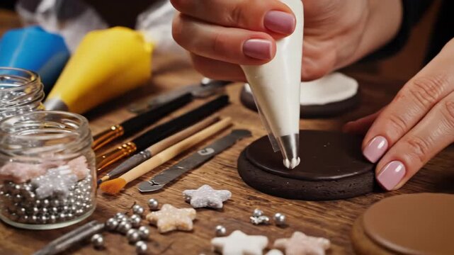 Watch how to use icing and toppings to make cookie decorations step by step at a kitchen table with various supplies