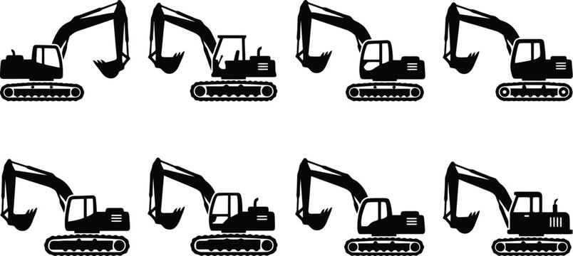 Eight black silhouette excavator icons in different poses and angles on a white background digger construction equipment