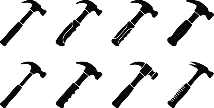 Eight Black Silhouette Hammers on White Background claw hammer ball-peen hammer