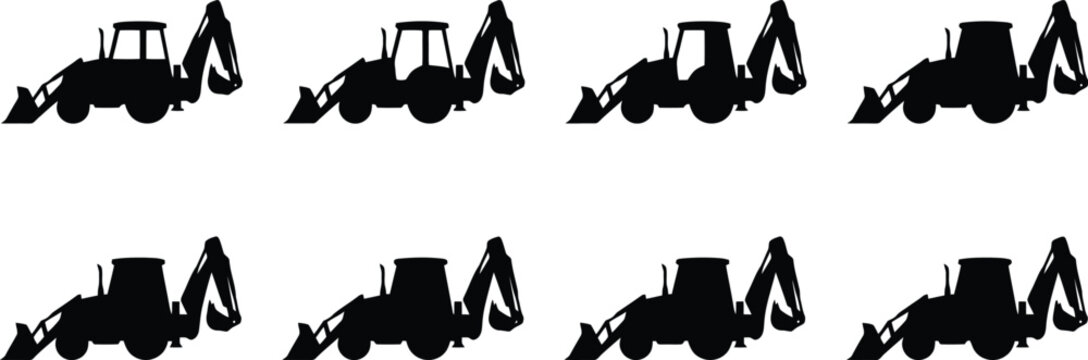 Eight black silhouette icons of a backhoe loader from different angles on a white background excavator