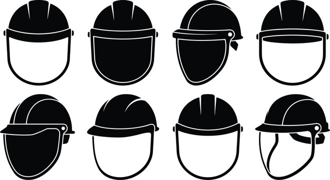 Eight Black Silhouette Icons of Construction and Safety Helmets With Face Shields hard hat industrial