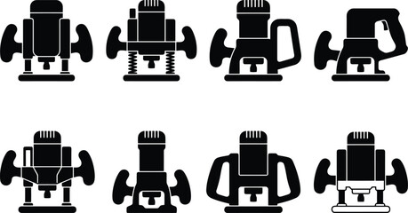 Eight black silhouette icons of handheld electric routers with different handle and base designs power tool © Muhammad