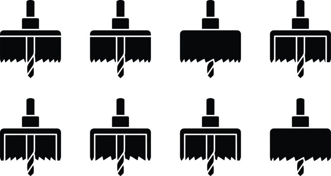Eight black silhouette icons of hole saws with drill bits in different stages of cutting tool industrial