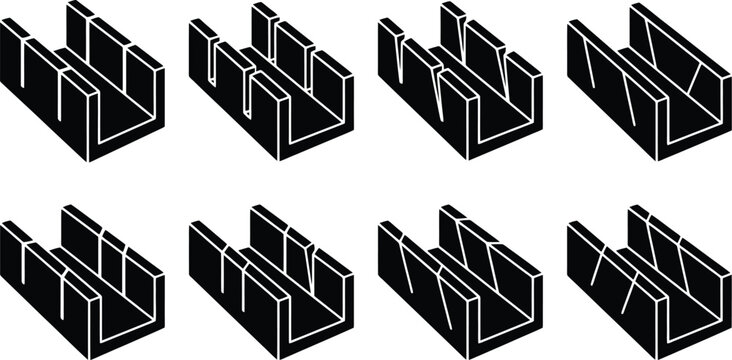 Eight black silhouette icons of miter boxes with different slot configurations for angled cuts woodworking
