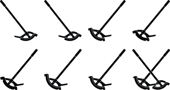 Eight black silhouette icons of paint mixers or agitators with handles and mixing blades on a white background
