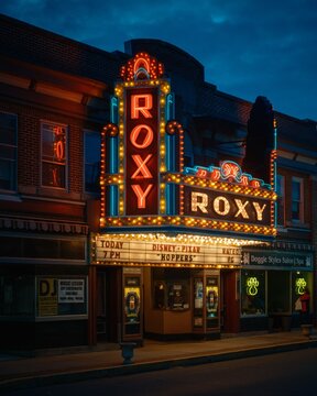 Roxy Theatre vintage neon sign at night, Northampton, Pennsylvania