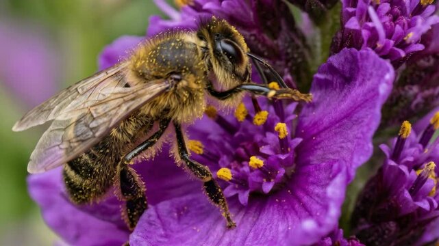 Bee pollen covered purple flower macro close up honeybee collecting pollen vibrant nectar scene