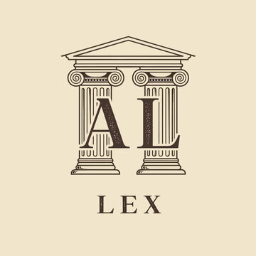 Classic law firm logo featuring Greek architectural columns and initial letters AL LEX on a bright studio background.