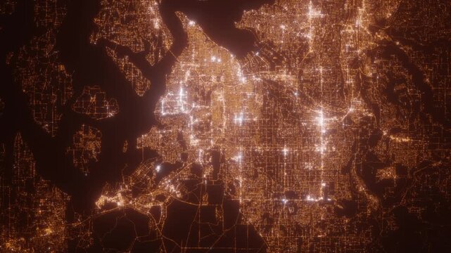 Tacoma (Washington, USA) aerial view at night. Satellite view on modern city with street lights. Camera is flying above the city, moving forward