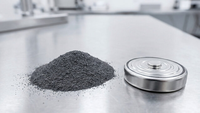 A pile of dark raw graphite powder next to a polished metal coin cell battery on a steel table