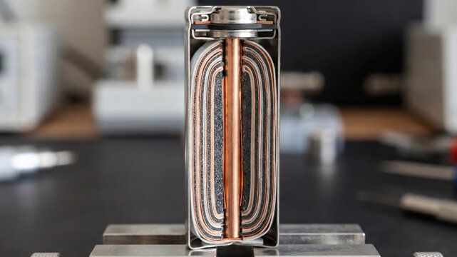 Macro cross-section of a cylindrical lithium-ion battery cell showing internal copper and polymer layers