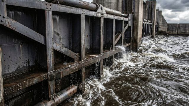 Close-up of a heavy reinforced steel floodgate holding back a turbulent surge of dark water