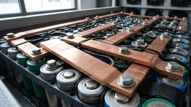 Close-up of a heavy electric vehicle battery module with cylindrical cells and thick copper busbars