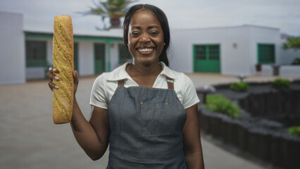 Woman baker wearing apron holding baguette upright and smiling in building courtyard near door  joy artisan craft. © Krakenimages.com