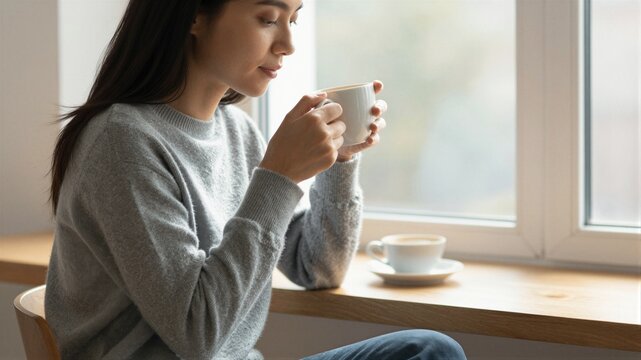 Soft light bathes her as she sips warm tea. Her eyes gaze thoughtfully through the window. Calm moments linger in quiet, cozy space. Perfect for serene scenes of relaxation or reflection