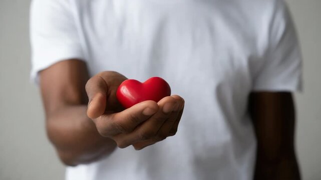 African male hand holding red heart symbolizing love and care