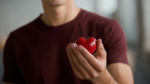 Young caucasian male holding a red heart symbolizing love and care