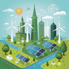 Fototapeta premium “Sustainable green city illustration with solar panels and wind turbines, clean infographic style, high clarity, 8K, eco palette (green, blue, earthy tones).”