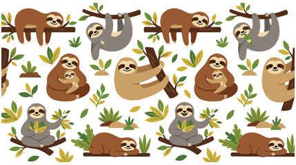 Fototapeta premium Cute sloth pattern background with cartoon animals and jungle leaves