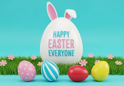 Easter eggs and bunny wishing happy easter to everyone in a colorful scene