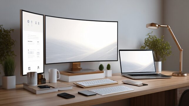 Dual monitor computer workstation with laptop and modern office accessories