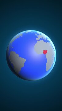 The animation shows a graphic representation of the earth and highlights the location and map of Nigeria colored red in vertical format.