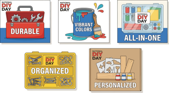 A collection of five square icons highlights different aspects of a DIY project including durable tools, vibrant colors, and organization.