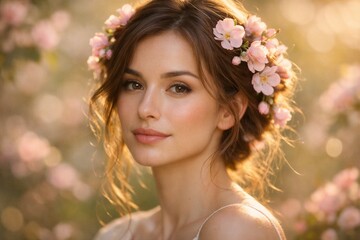 Naklejka premium Soft light bathes a young woman's face. Pink blossoms frame her gentle, smiling expression. Her hair is loosely braided with delicate flowers. Warm tones glow behind her, softly blurred