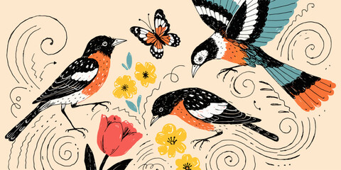 Obraz premium Beautiful vector illustration of black and orange birds, a graceful butterfly, and colorful spring flowers, enhanced with decorative swirls, evoking a lively natural garden scene