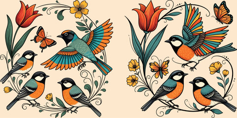 Obraz premium Charming Birds and Butterflies Adorned with Floral Motifs in a Whimsical Illustration